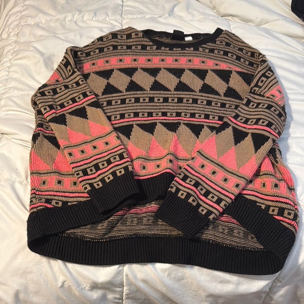 BDG Black and Pink Crew Neck Sweater with Geometric Design